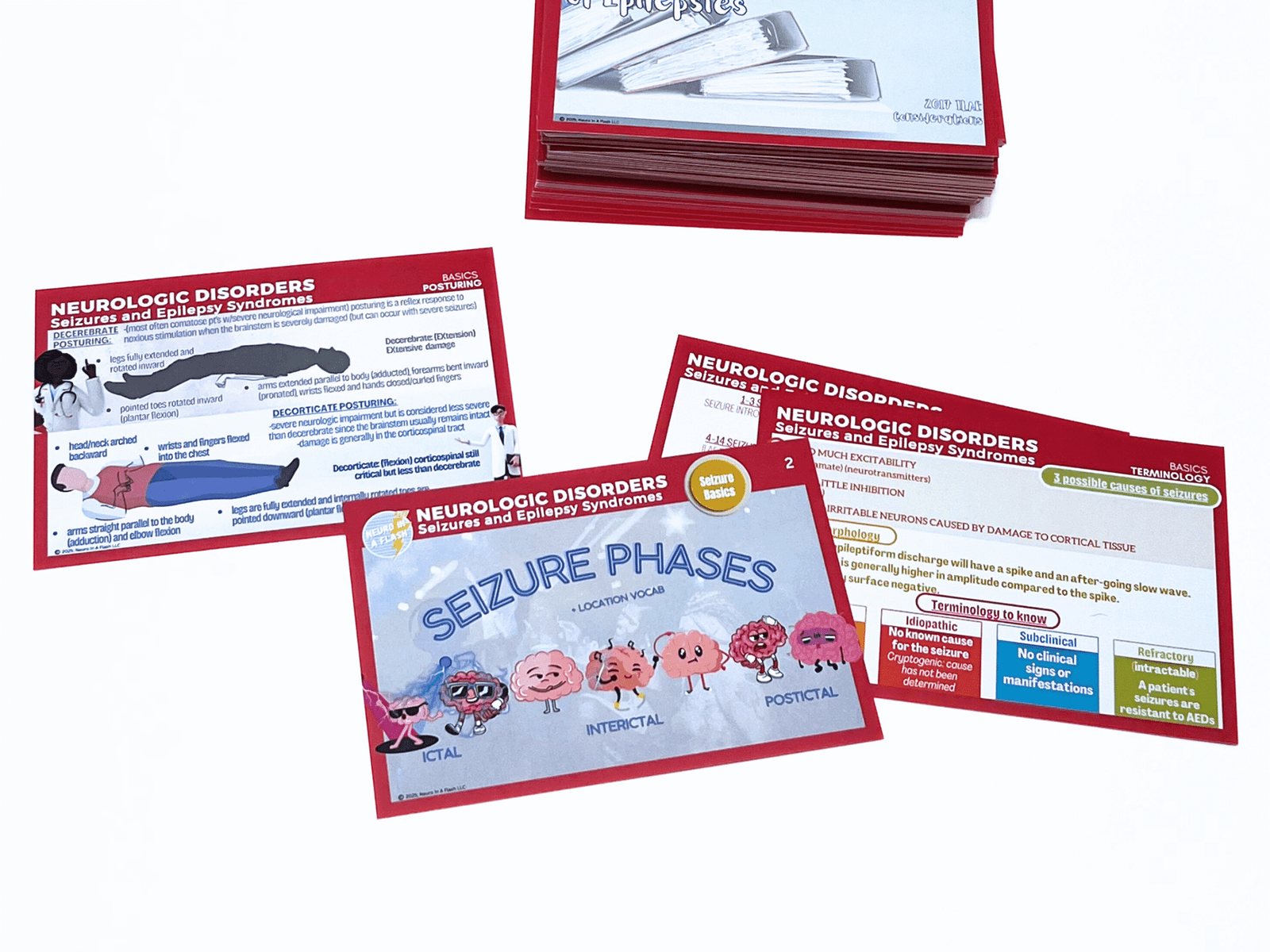 Neurologic Disorders Seizures and Epilepsy Syndromes flashcards showing seizure phase examples and classification details for EEG technologists.