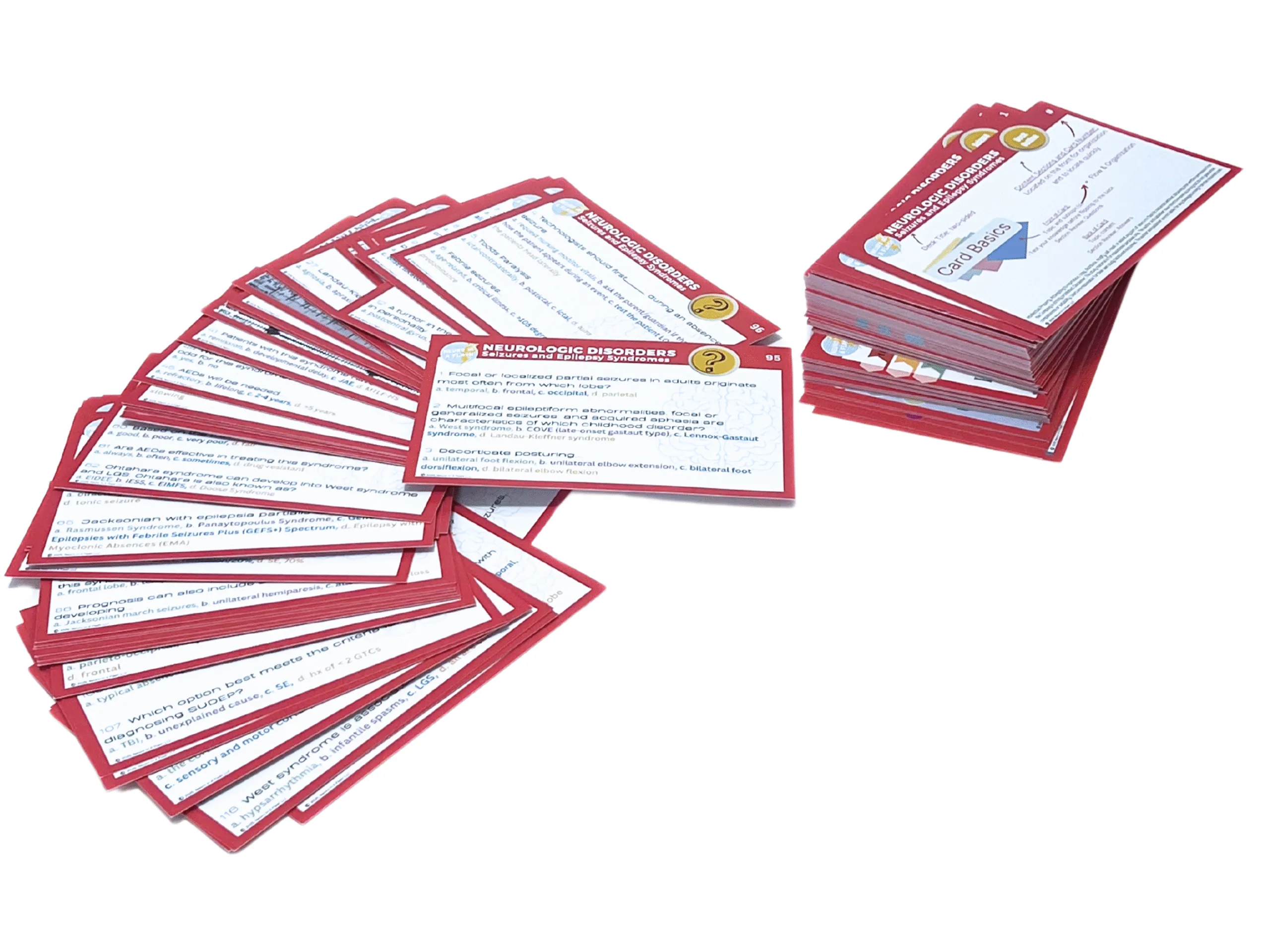 Neurologic Disorders flashcard deck spread showing complete set for seizure and epilepsy syndrome study.